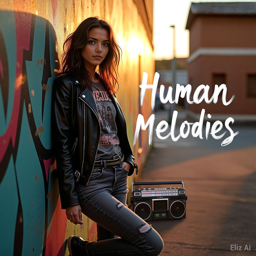 Human Melodies painted on a wall beside Eliz